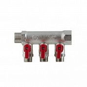 Коллектор 3/4 на 3 отвода 1/2 с отсекающими кранами никелированный VALTEC