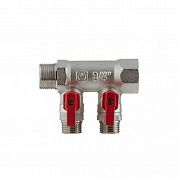 Коллектор 3/4 на 2 отвода 1/2 с отсекающими кранами никелированный VALTEC
